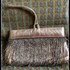 Gold Leather Fringe Evening Wristlet